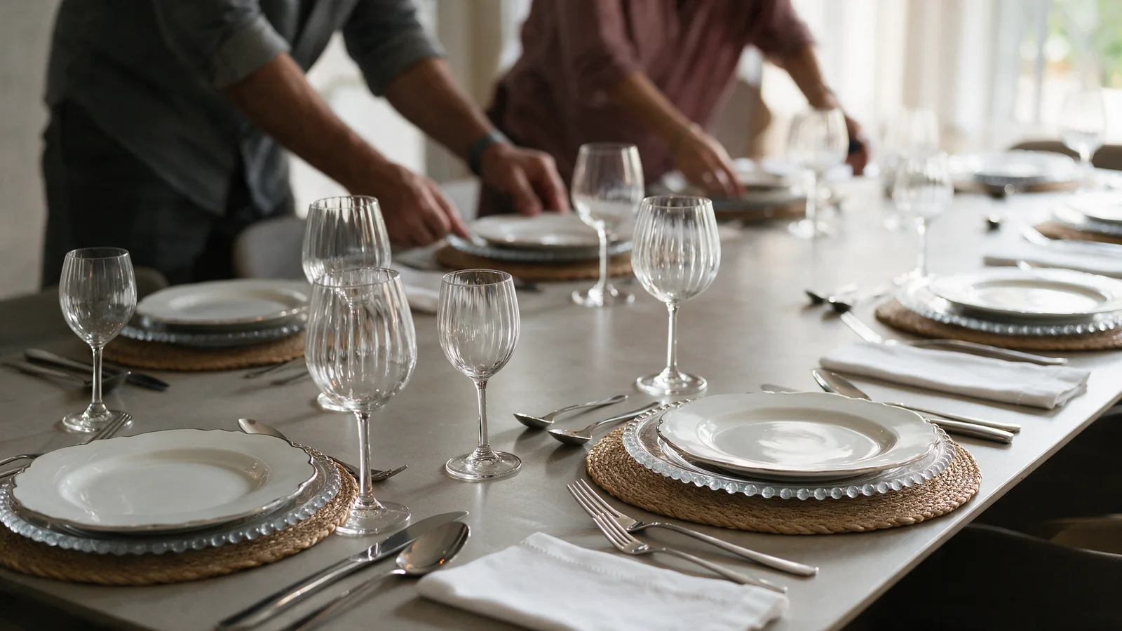Mesa longa com lugar americano de fibra natural, sousplat Pearl, prato Maldivas, faqueiro London e taças Columba Optic Wolff