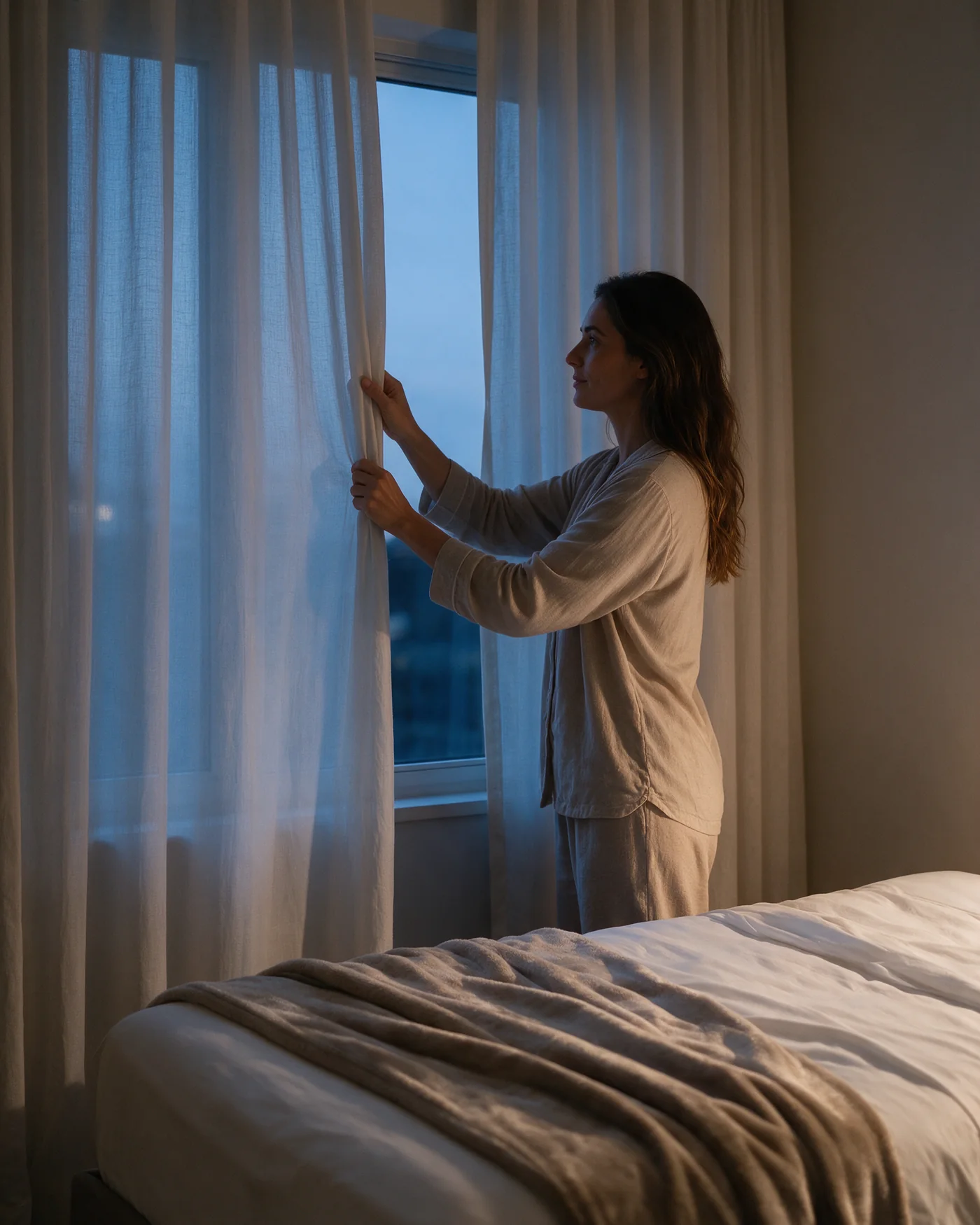 Pessoa encerrando a noite em quarto com roupa de cama Wolff