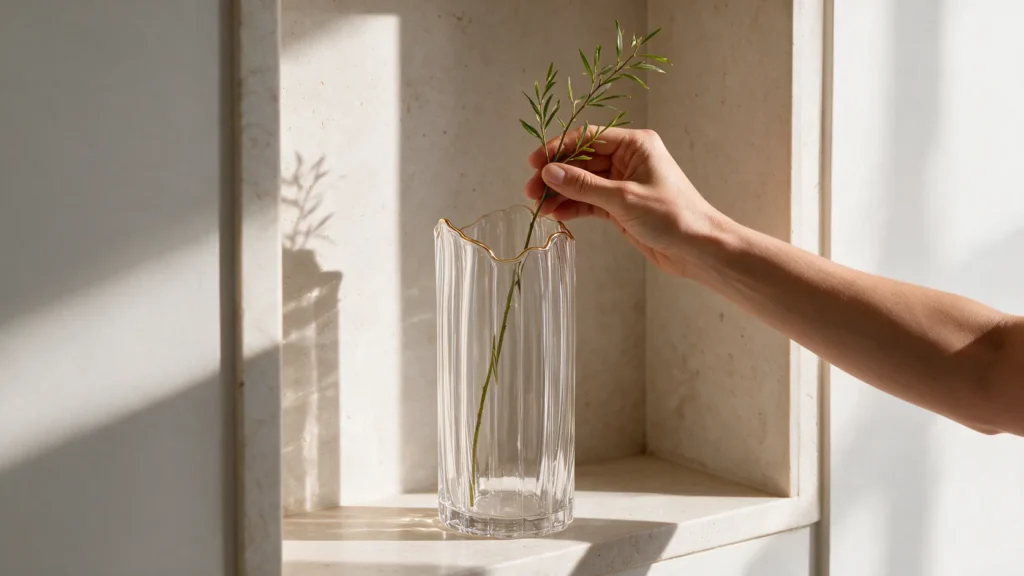 Pessoa decorando um ambiente com vaso de vidro Wolff