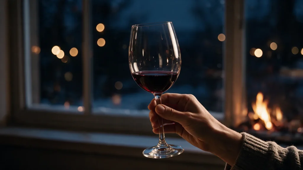 Vinho sendo apreciado em taça Wolff durante uma noite de inverno