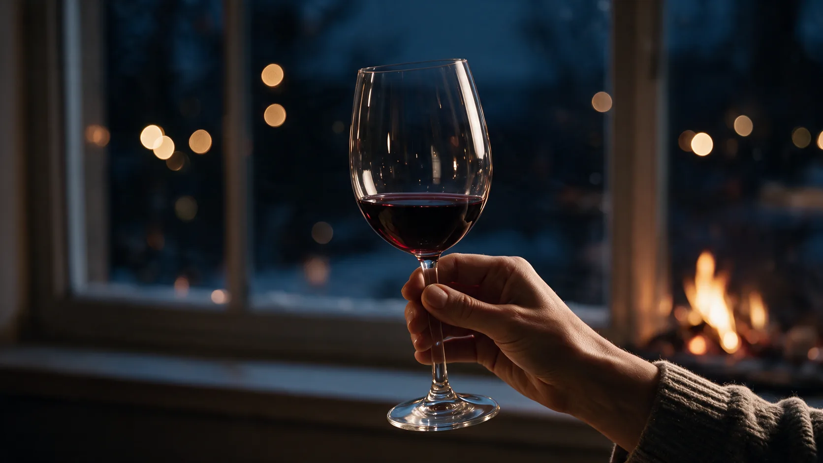Vinho sendo apreciado em taça Wolff durante uma noite de inverno
