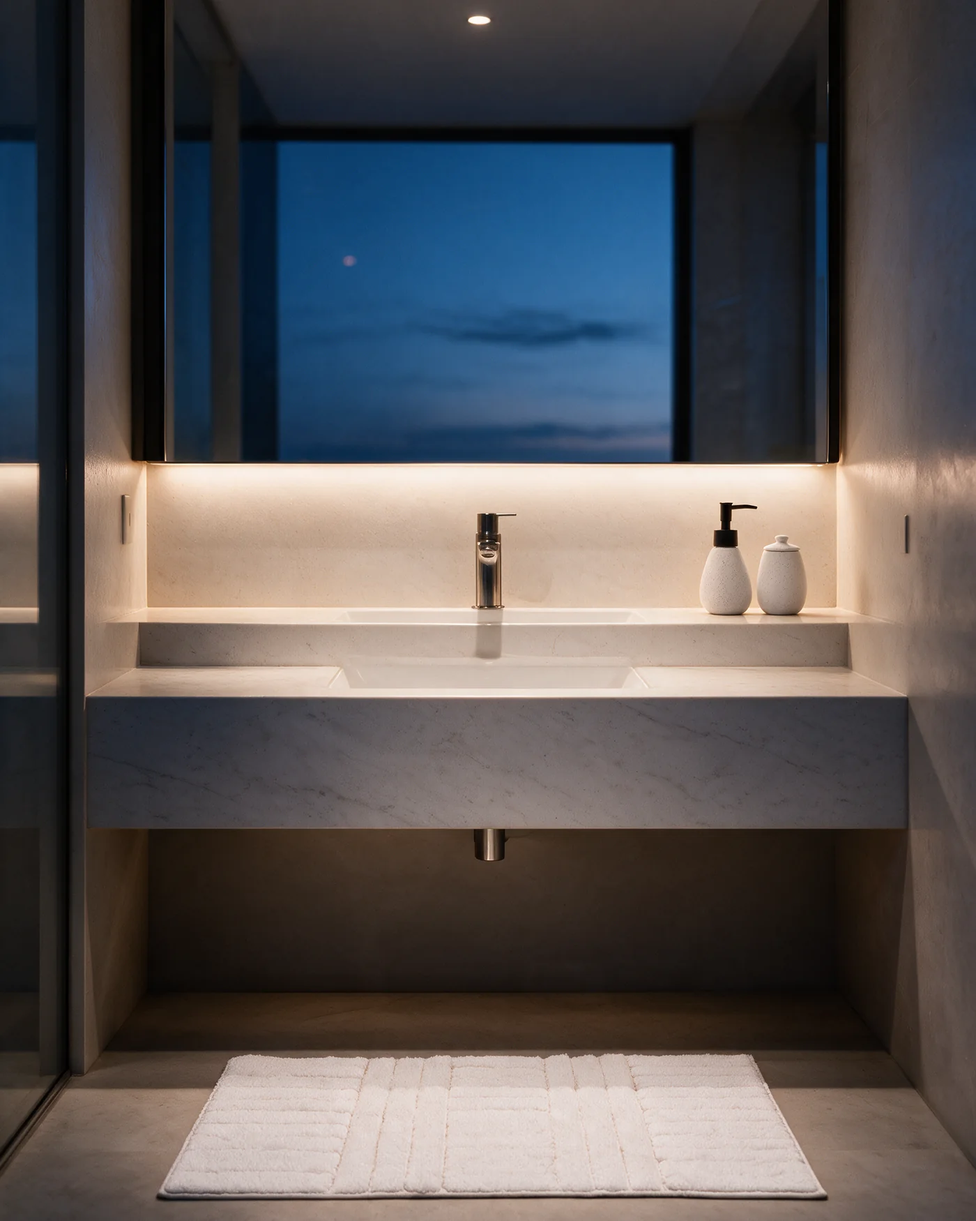 Lavabo ao anoitecer com conjunto Granilite e tapete Genova Wolff