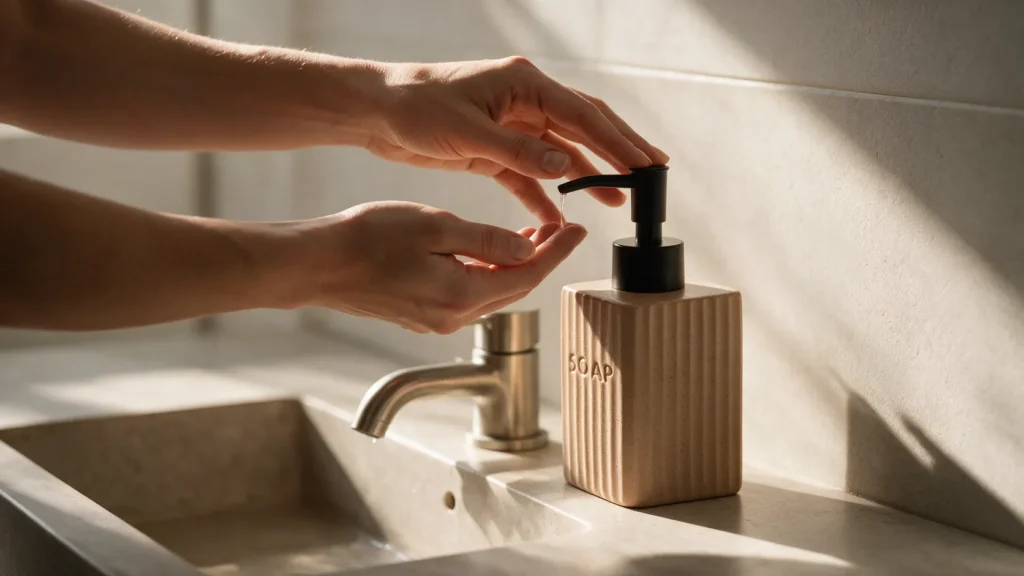 Pessoa usando porta-sabonete Rawlux Wolff em lavabo com torneira visível