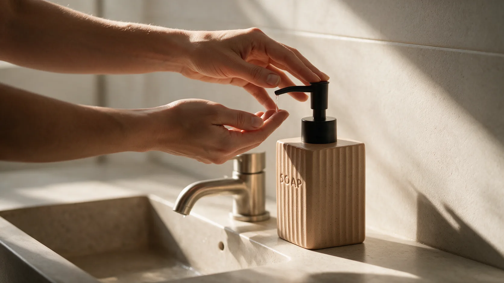 Pessoa usando porta-sabonete Rawlux Wolff em lavabo com torneira visível