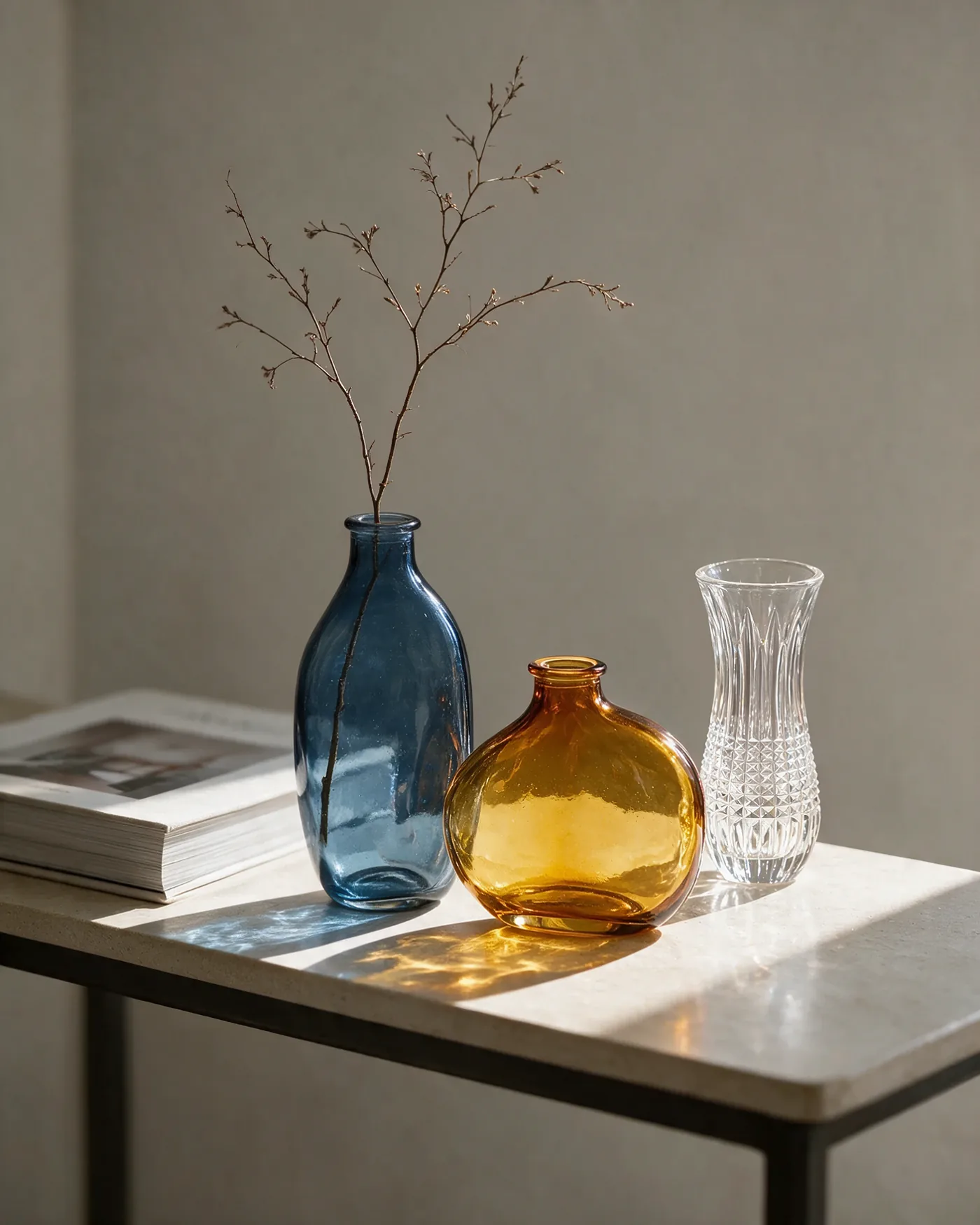 Vasos Organics azul e âmbar Wolff com proporções fiéis