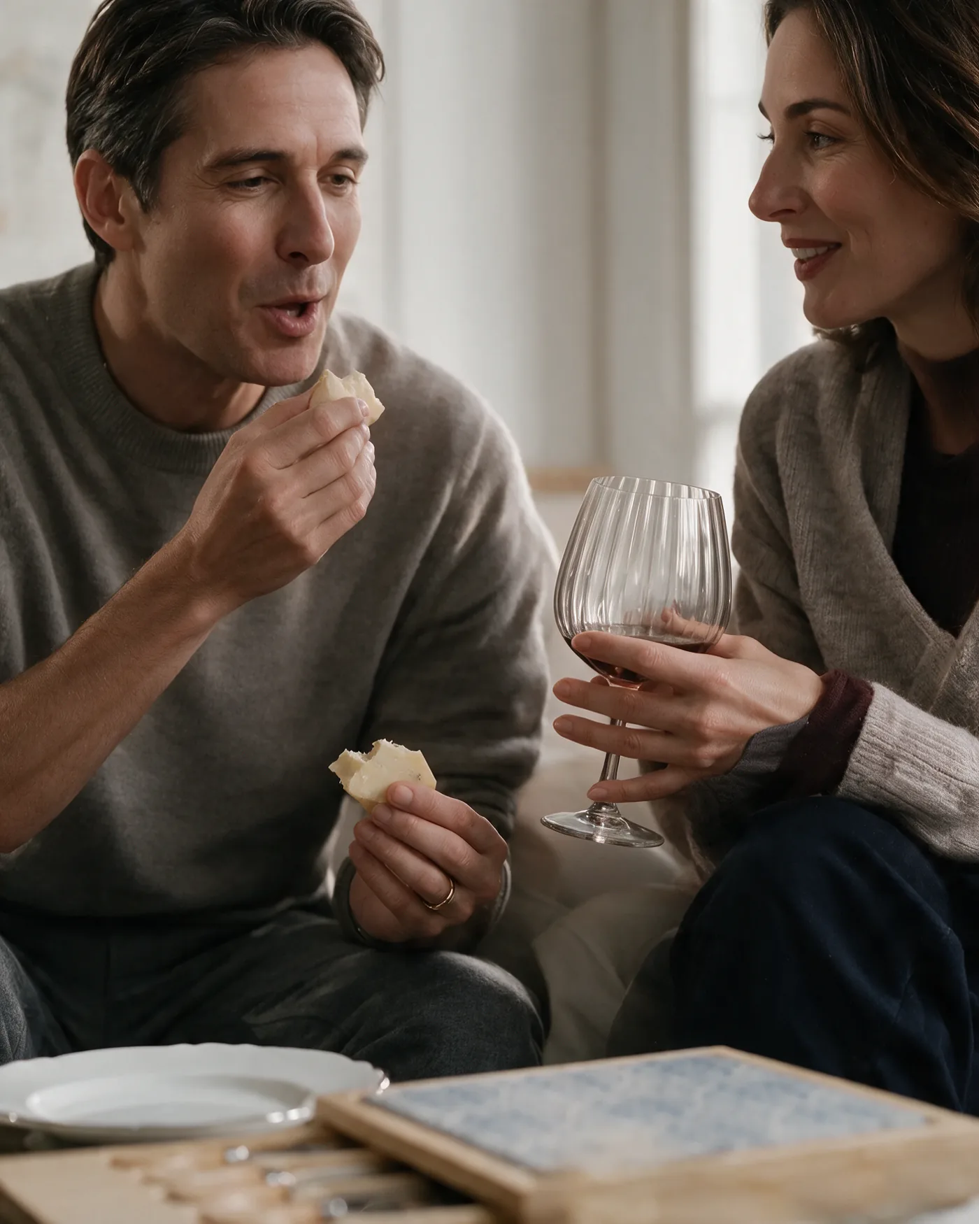 Casal harmonizando queijo e vinho em taça Columba Optic Wolff