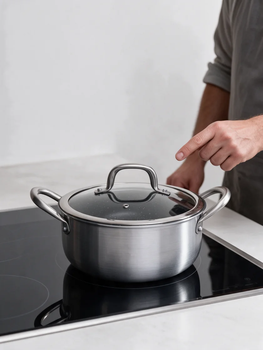 Caçarola Prime Cook com tampa sobre o cooktop da cozinha.