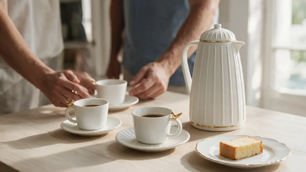 Café da tarde com xícaras Colibri, garrafa térmica branca e prato com bolo.
