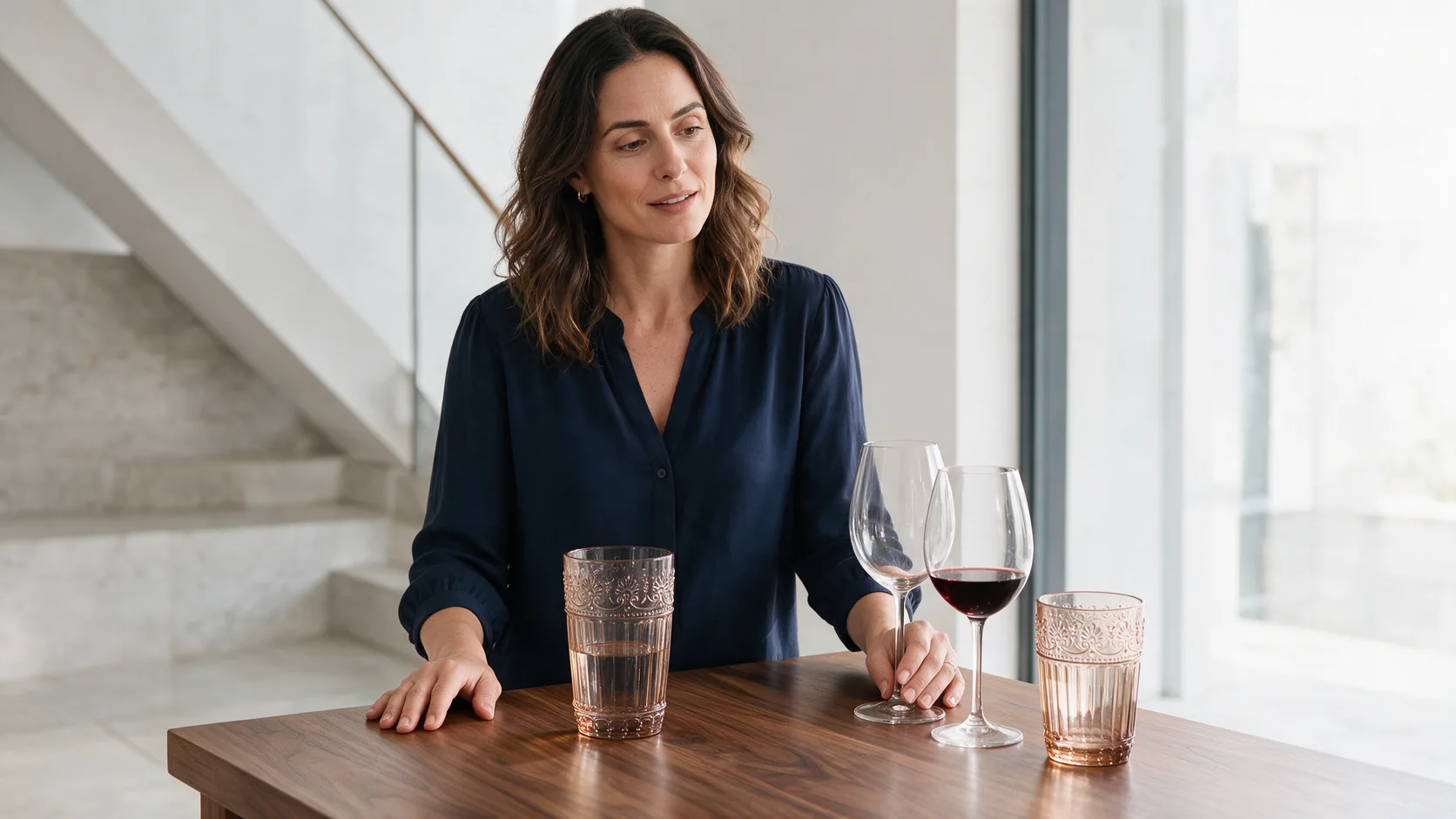 Pessoa escolhendo entre taças de vinho transparentes e copos âmbar.