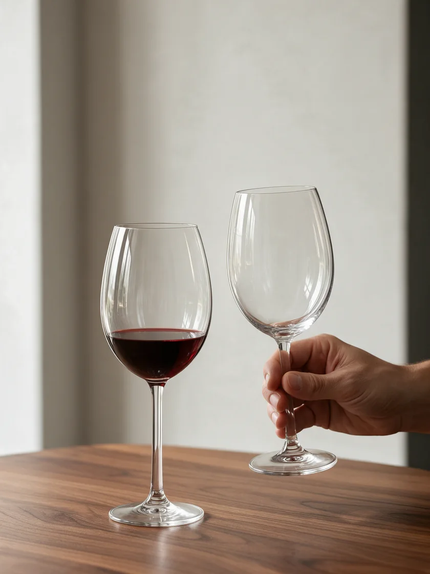 Taça de vinho segurada pela haste ao lado de uma taça com pequena porção de vinho.