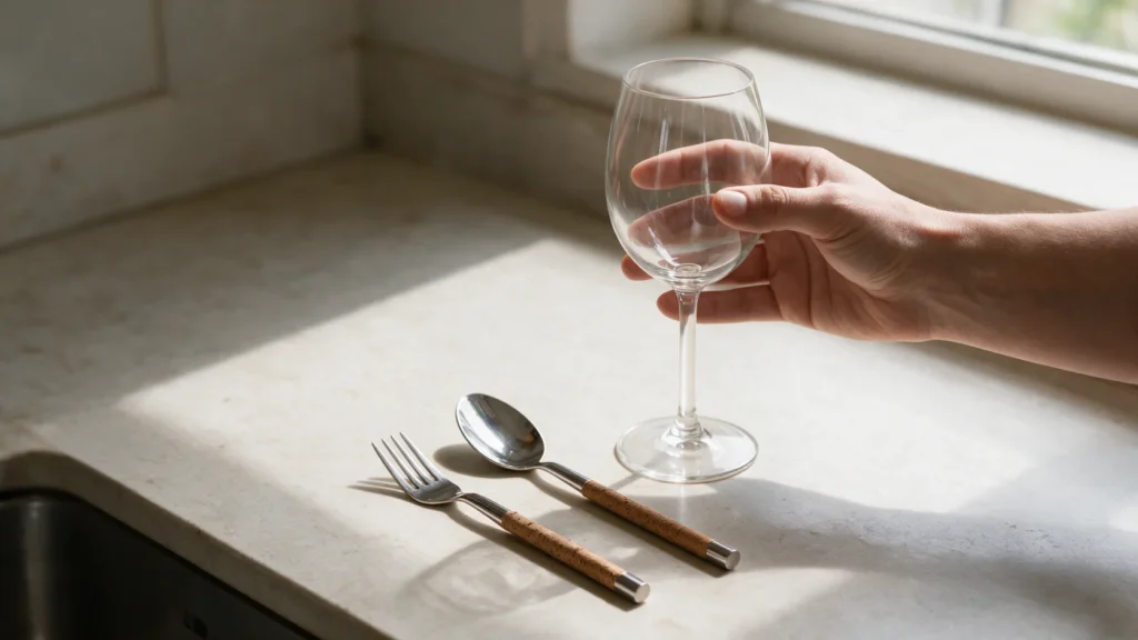 Mãos inspecionando uma taça de cristal ao lado de talheres de inox com cabo de cortiça sobre a bancada.