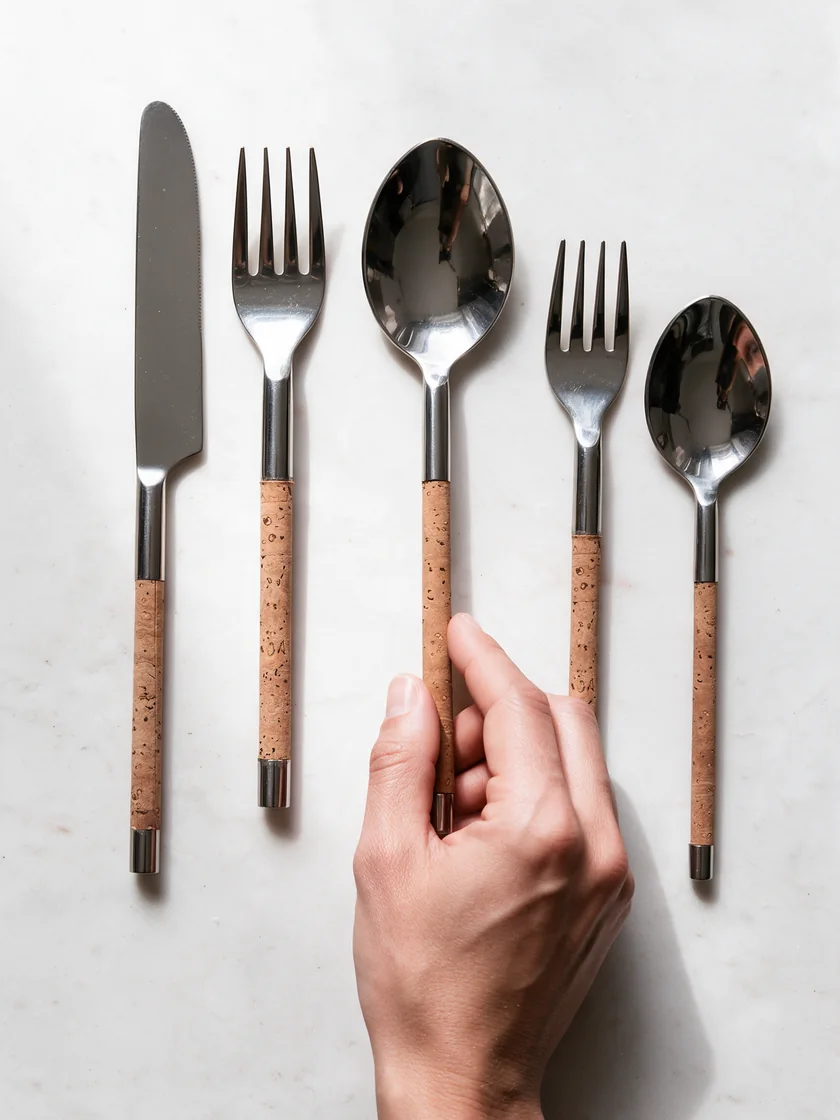 Talheres de inox com cabos de cortiça secos e separados sobre a bancada.